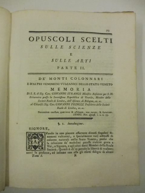 De' monti Colonnari e d'altri fenomeni vulcanici dello stato veneto. Memoria di S. E. il sig. cav. Giovanni Strange...; SEGUE Continuazione della memoria su i monti Colonnari ed altri fenomeni vulcanici dello Stato veneto